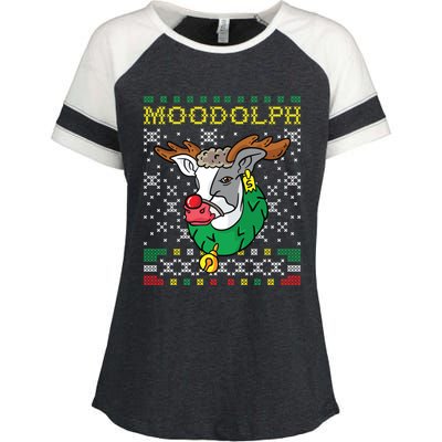 Moodolph Moo Cow Reindeer Ugly Christmas Farmer Enza Ladies Jersey Colorblock Tee