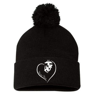 MARINE MOM CURVE HEART Pom Pom 12in Knit Beanie