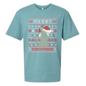 Meowy Merry Catmas Christmas Cat Lover Ugly Sweater Outfit Gift Sueded Cloud Jersey T-Shirt