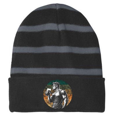 Muscular Man Drinking Beer Striped Beanie with Solid Band