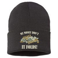 My Money Don't Jiggle Jiggle It Folds Gold Funny Meme Sustainable Knit Beanie
