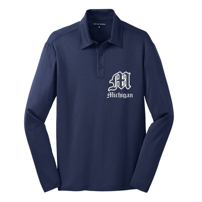 Michigan M Detroit D Logo Silk Touch Performance Long Sleeve Polo