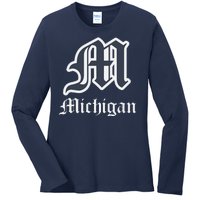 Michigan M Detroit D Logo Ladies Long Sleeve Shirt