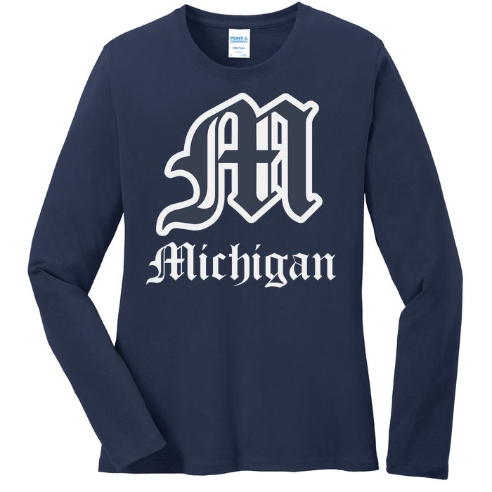 Michigan M Detroit D Logo Ladies Long Sleeve Shirt