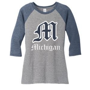 Michigan M Detroit D Logo Women's Tri-Blend 3/4-Sleeve Raglan Shirt