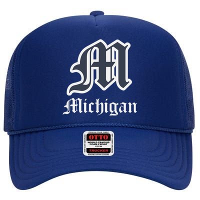 Michigan M Detroit D Logo High Crown Mesh Back Trucker Hat