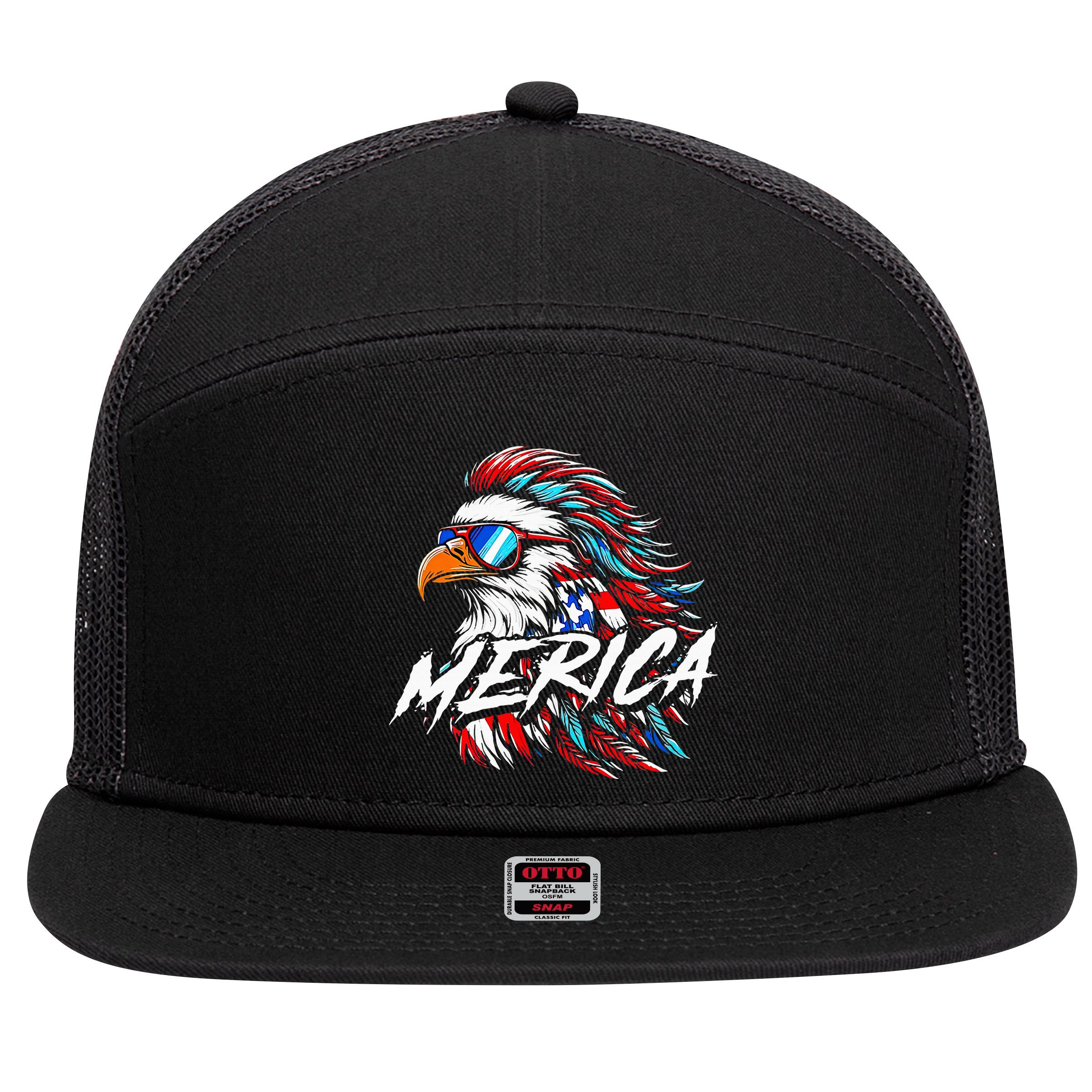 Merica Mullet Eagle Funny 4th Of July 7 Panel Mesh Trucker Snapback Hat