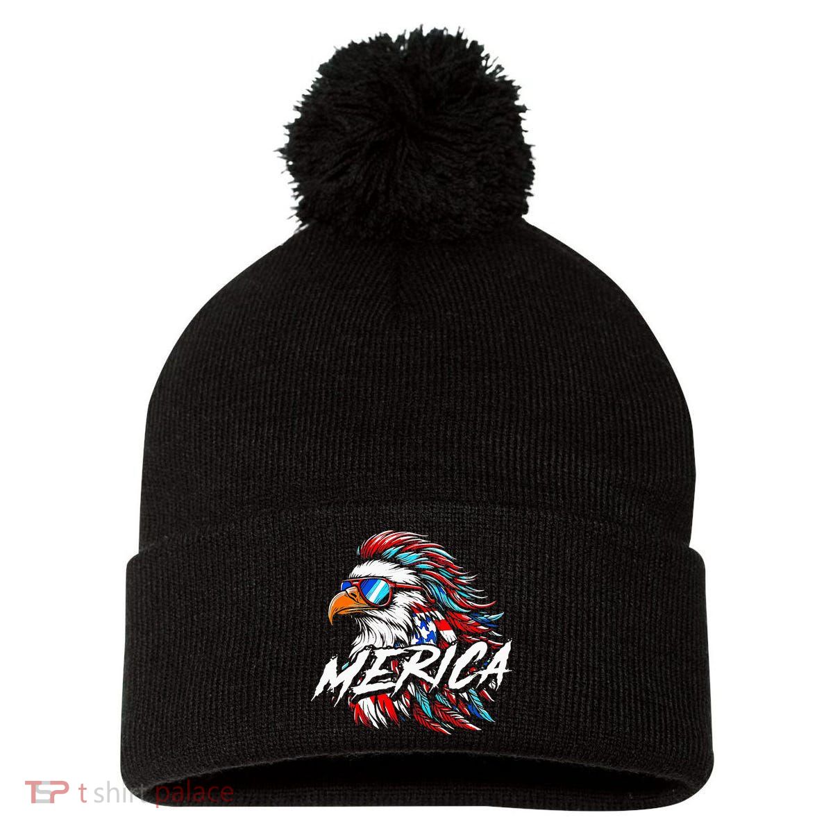 Merica Mullet Eagle Funny 4th Of July Pom Pom 12in Knit Beanie