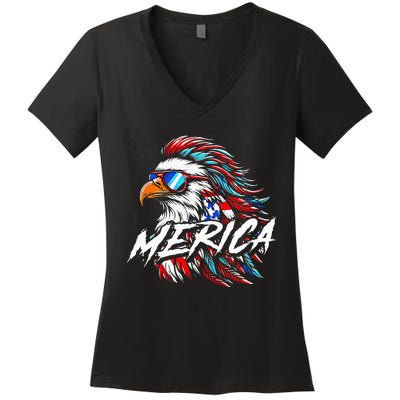 Merica Mullet Eagle Funny 4th Of July Women's V-Neck T-Shirt