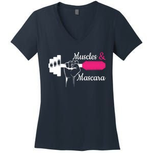 Muscle & Mascara Eyelashes Lipstick Funny Bold Gift Women's V-Neck T-Shirt