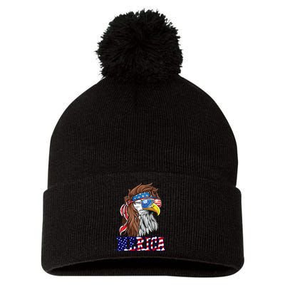 Merica Mullet Eagle Independence Day Pom Pom 12in Knit Beanie