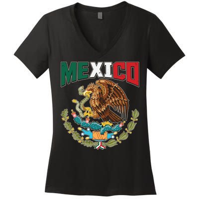 Mexico Mexican Flag Eagle And Snake Women's V-Neck T-Shirt