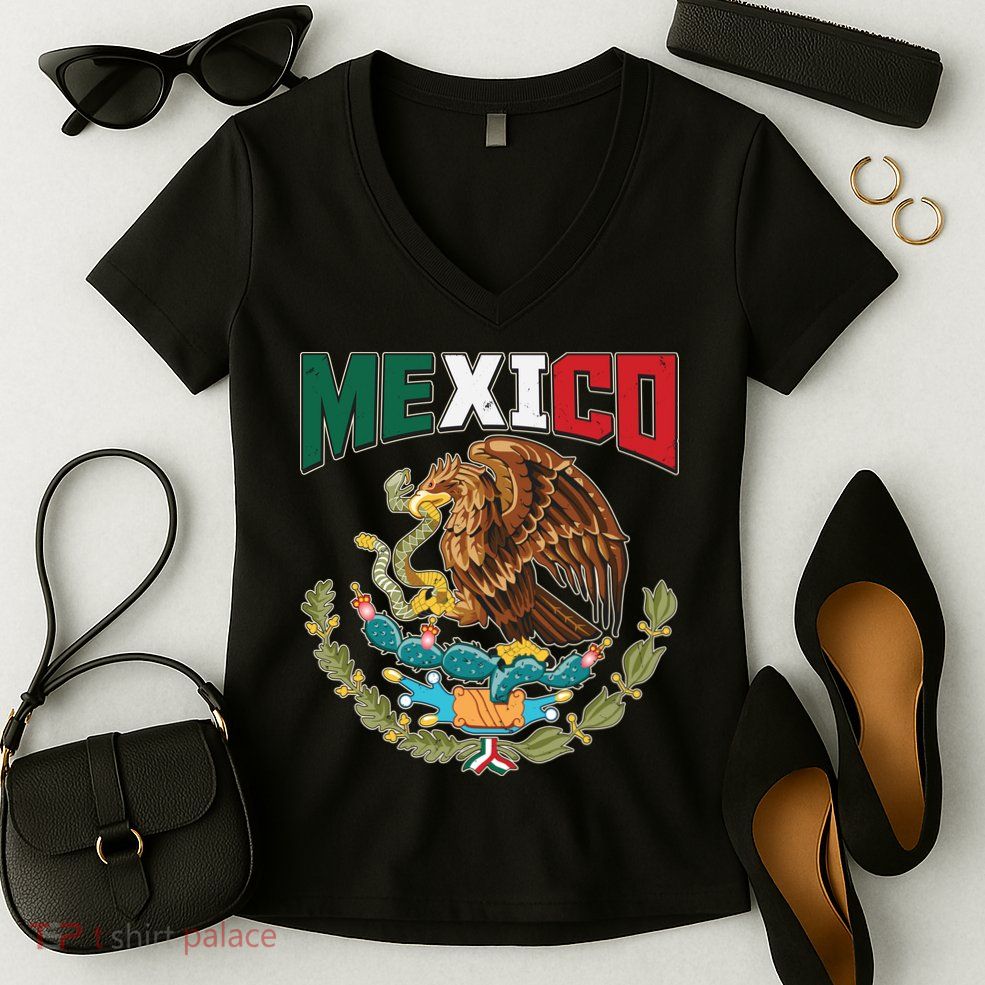 Mexico Mexican Flag Eagle And Snake Women's V-Neck T-Shirt