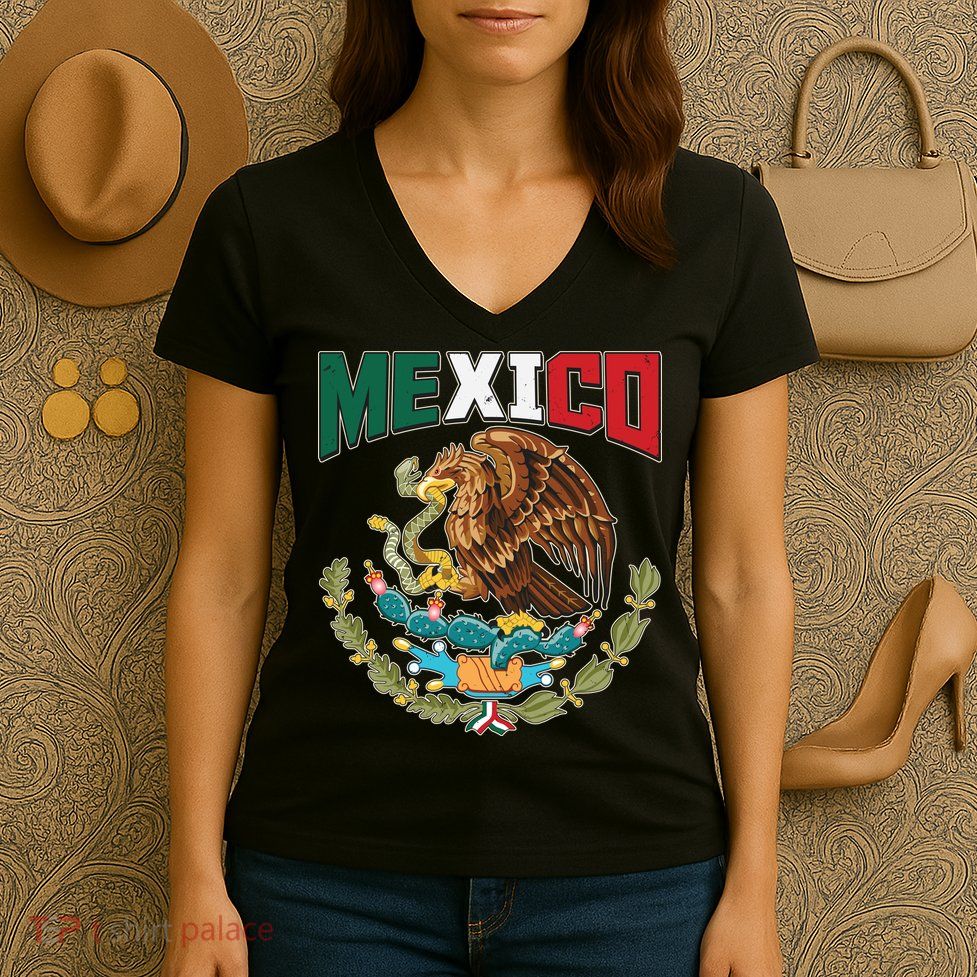 Mexico Mexican Flag Eagle And Snake Women's V-Neck T-Shirt