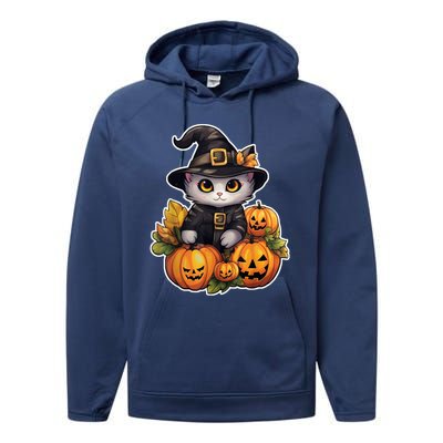 Moonlit Mischief Feline Sorcery Amidst Pumpkins Performance Fleece Hoodie