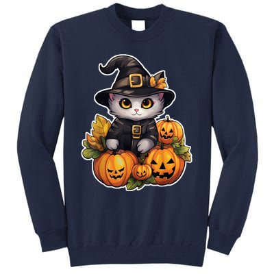 Moonlit Mischief Feline Sorcery Amidst Pumpkins Tall Sweatshirt