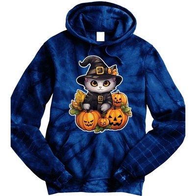 Moonlit Mischief Feline Sorcery Amidst Pumpkins Tie Dye Hoodie