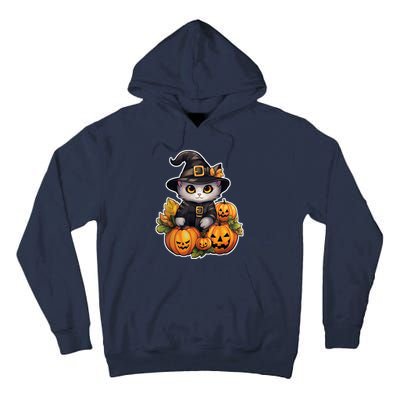 Moonlit Mischief Feline Sorcery Amidst Pumpkins Tall Hoodie