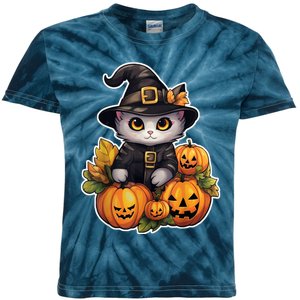 Moonlit Mischief Feline Sorcery Amidst Pumpkins Kids Tie-Dye T-Shirt