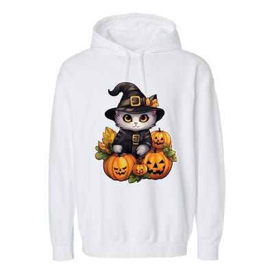 Moonlit Mischief Feline Sorcery Amidst Pumpkins Garment-Dyed Fleece Hoodie