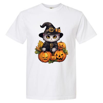 Moonlit Mischief Feline Sorcery Amidst Pumpkins Garment-Dyed Heavyweight T-Shirt