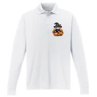 Moonlit Mischief Feline Sorcery Amidst Pumpkins Performance Long Sleeve Polo