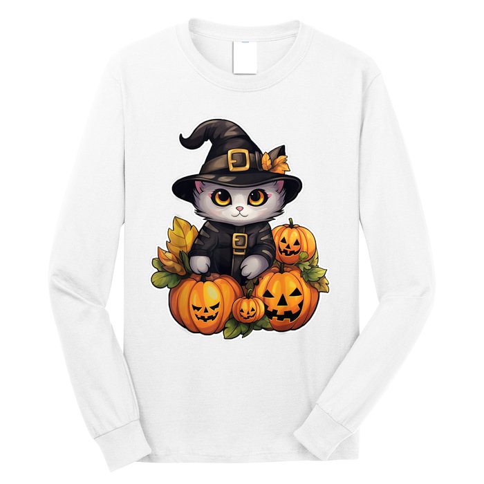 Moonlit Mischief Feline Sorcery Amidst Pumpkins Long Sleeve Shirt