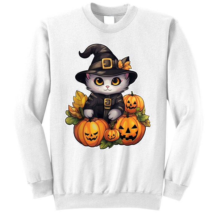 Moonlit Mischief Feline Sorcery Amidst Pumpkins Sweatshirt