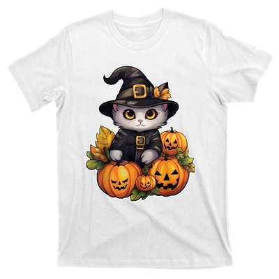 Moonlit Mischief Feline Sorcery Amidst Pumpkins T-Shirt