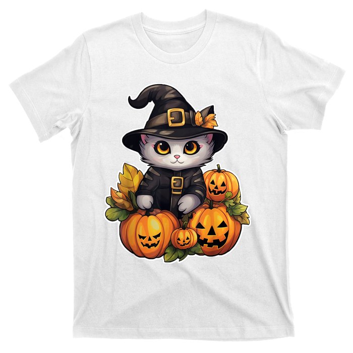 Moonlit Mischief Feline Sorcery Amidst Pumpkins T-Shirt