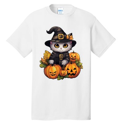 Moonlit Mischief Feline Sorcery Amidst Pumpkins Tall T-Shirt