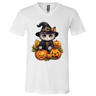 Moonlit Mischief Feline Sorcery Amidst Pumpkins V-Neck T-Shirt