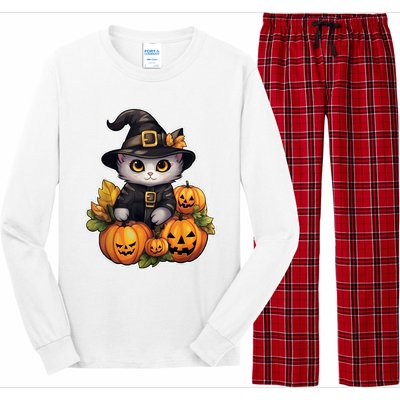 Moonlit Mischief Feline Sorcery Amidst Pumpkins Long Sleeve Pajama Set