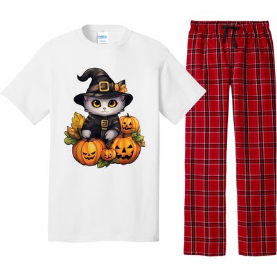 Moonlit Mischief Feline Sorcery Amidst Pumpkins Pajama Set