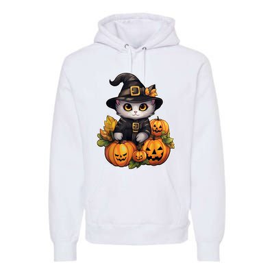 Moonlit Mischief Feline Sorcery Amidst Pumpkins Premium Hoodie