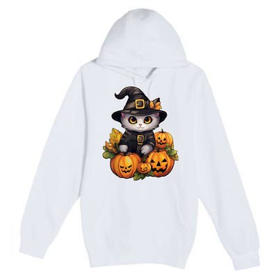 Moonlit Mischief Feline Sorcery Amidst Pumpkins Premium Pullover Hoodie