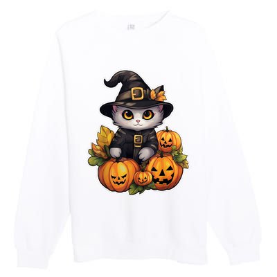 Moonlit Mischief Feline Sorcery Amidst Pumpkins Premium Crewneck Sweatshirt