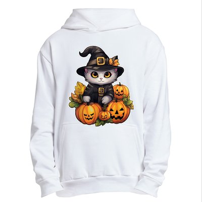 Moonlit Mischief Feline Sorcery Amidst Pumpkins Urban Pullover Hoodie