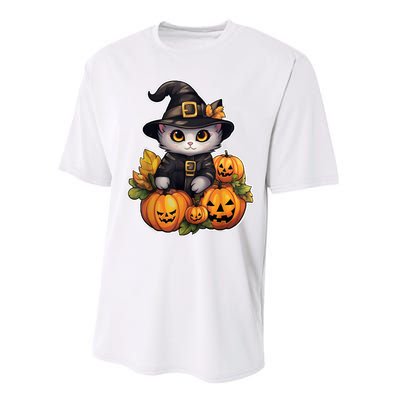 Moonlit Mischief Feline Sorcery Amidst Pumpkins Performance Sprint T-Shirt