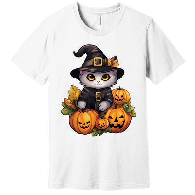 Moonlit Mischief Feline Sorcery Amidst Pumpkins Premium T-Shirt