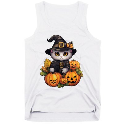 Moonlit Mischief Feline Sorcery Amidst Pumpkins Tank Top