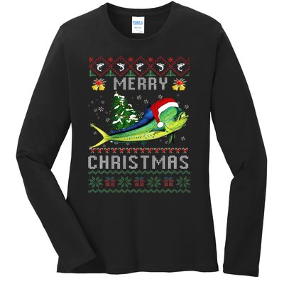 Mahi Mahi Fish Lover Xmas Tree Santa Mahi Mahi Christmas Ladies Long Sleeve Shirt