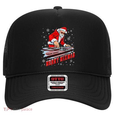 Merry Mixmas Funny Dj Musician Santa Claus Christmas High Crown Mesh Back Trucker Hat