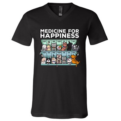 My Medicine For Happiness Called Cats every day V-Neck T-Shirt