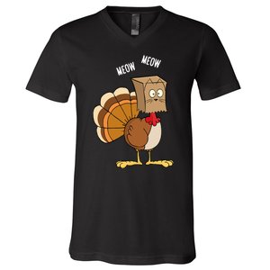 Meow Meow Funny Turkey Thanksgiving V-Neck T-Shirt