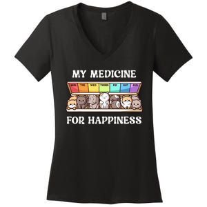 My Medicine For Happiness Cats Kitty Every Day Cat Lover Women's V-Neck T-Shirt