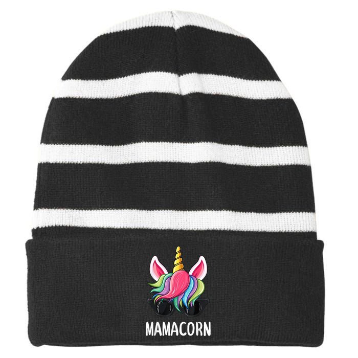 Mamacorn mom funny unicorn for Mothers day gifts Striped Beanie with Solid Band