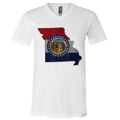 Missouri Map Flag State Distressed V-Neck T-Shirt