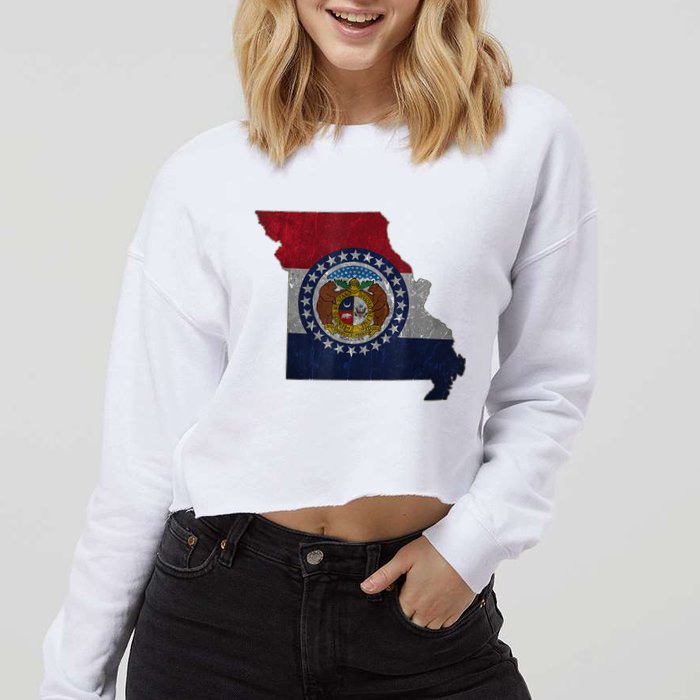 Missouri Map Flag State Distressed Cropped Pullover Crew