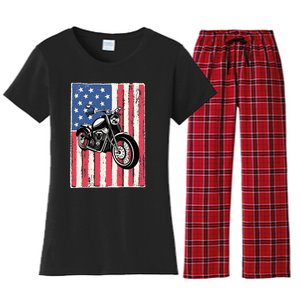 Motorcycle Men Gift Idea Biker American Flag Motorcycle Women's Flannel Pajama Set